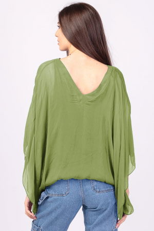 Bluza din matase si vascoza verde oliv, cu decolteu in V in fata si pe spate [2]