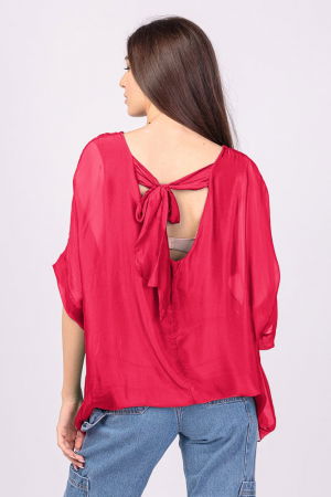 Bluza din matase si vascoza fucsia inchis, cu funda pe spate [2]