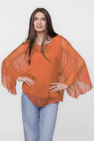 Bluza din matase si vascoza cu maneca clopot, caramizie [1]