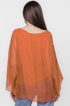 Bluza din matase si vascoza cu maneca clopot, caramizie [2]