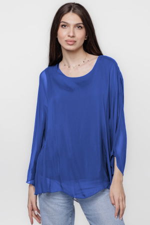 NOU IN SHOPIKA - Bluza din matase si vascoza cu maneca clopot, albastru electric