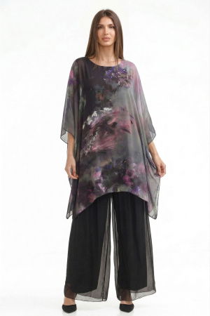 Bluza tunica din matase si vascoza in colturi cu imprimeu pictural in nuante de verde si turcoaz inchis cu  roz si lila [1]