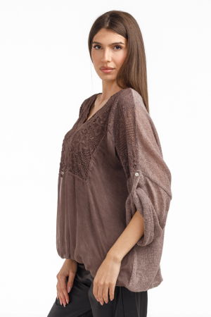 Bluza dama eleganta matase, dantela boho si tricotaj, maro [2]