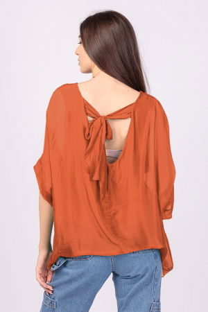 Bluza din matase si vascoza caramizie, cu funda pe spate [2]