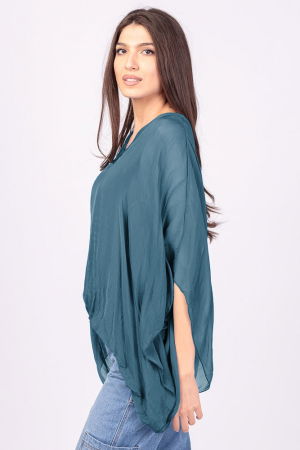 Bluza din matase si vascoza turcoaz inchis, cu decolteu in V in fata si pe spate [1]
