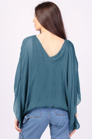 Bluza din matase si vascoza turcoaz inchis, cu decolteu in V in fata si pe spate [2]