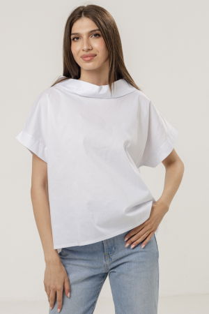 Bluze Casual - Bluza din poplin de bumbac cu guler intors si maneci scurte, alba