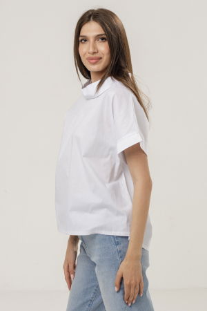 Bluza din poplin de bumbac cu guler intors si maneci scurte, alba [1]