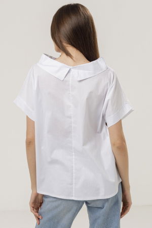 Bluza din poplin de bumbac cu guler intors si maneci scurte, alba [2]