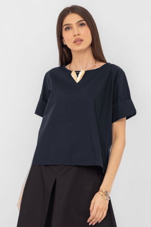 Bluze Casual - Bluza din poplin satinat de bumbac  cu nasturi pe spate, bleumarin