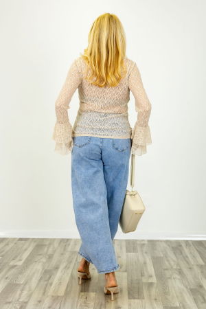 Bluza eleganta din dantela fina cu maneci evazate – bluza transparenta chic bej [3]