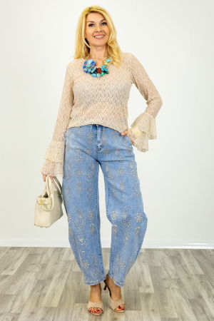 Bluza eleganta din dantela fina cu maneci evazate – bluza transparenta chic bej