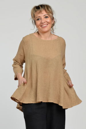 Bluza evazata cu clin la spate din in, camel [5]