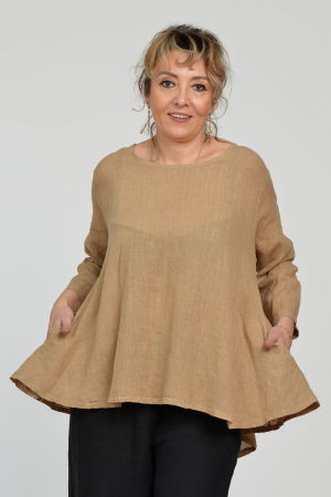 Bluza evazata cu clin la spate din in, camel [4]