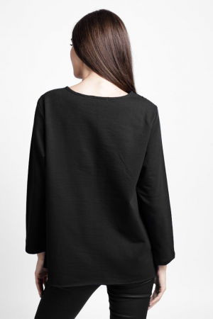 Bluza evazata cu cusaturi fancy din tricot de bumbac, neagra [2]