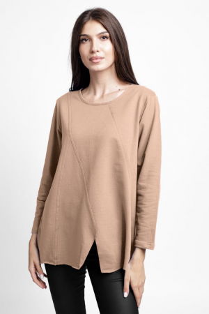 Tricouri din Bumbac - Bluza evazata cu cusaturi fancy din tricot de bumbac, fango