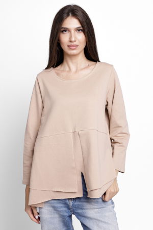 Tricouri din Bumbac - Bluza evazata cu nasturi pe spate din tricot de bumbac, bej