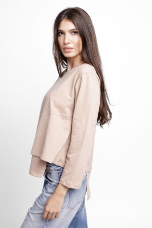 Tricouri din Bumbac - Bluza asimetrica cu suprapunere in colt din tricot de bumbac, bej
