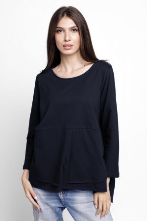 Tricouri din Bumbac - Bluza evazata cu nasturi pe spate din tricot de bumbac, bleumarin inchis