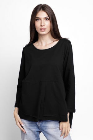 Tricouri din Bumbac - Bluza evazata cu nasturi pe spate din tricot de bumbac, neagra