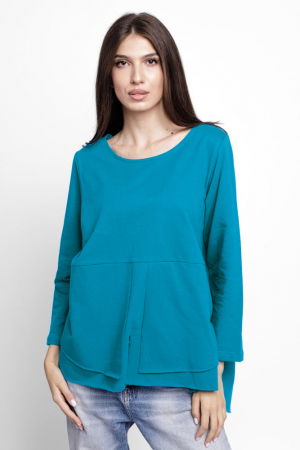 Tricouri din Bumbac - Bluza evazata cu nasturi pe spate din tricot de bumbac, turcoaz