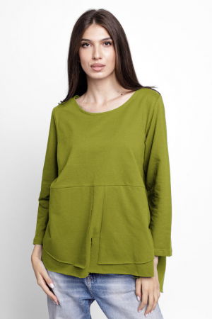 Tricouri din Bumbac - Bluza evazata cu nasturi pe spate din tricot de bumbac, verde oliv