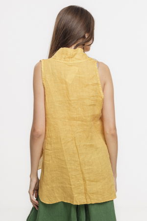 Bluza fara maneci din in cu decolteu si guler inalt, galben turmeric [2]