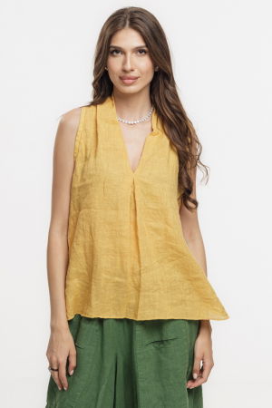 Bluze Casual - Bluza fara maneci din in cu decolteu si guler inalt, galben turmeric