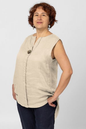 Bluze & Cămăși & Tricouri - Bluza fara maneci din in cu nasture metalic decorativ, bej