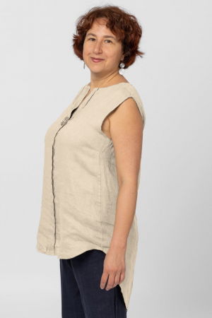 Bluza fara maneci din in cu nasture metalic decorativ, bej [1]