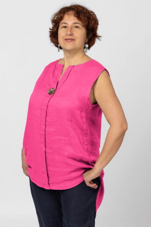 Bluze & Cămăși & Tricouri - Bluza fara maneci din in cu nasture metalic decorativ, fucsia