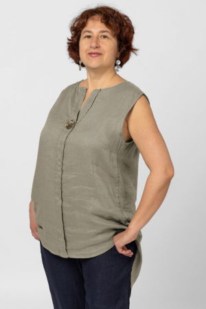 Bluze & Cămăși & Tricouri - Bluza fara maneci din in cu nasture metalic decorativ, bej inchis