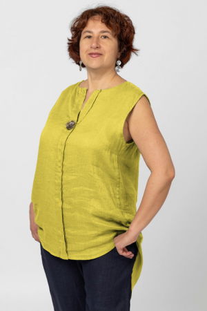 Bluze & Cămăși & Tricouri - Bluza fara maneci din in cu nasture metalic decorativ, galben mustar