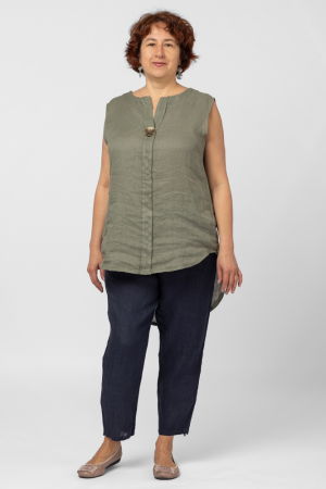 Bluza fara maneci din in cu nasture metalic decorativ, kaki [4]