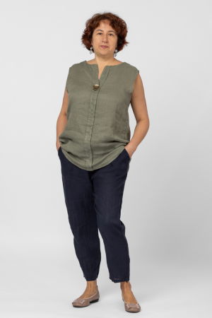 Bluza fara maneci din in cu nasture metalic decorativ, kaki [5]