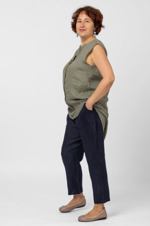 Bluza fara maneci din in cu nasture metalic decorativ, kaki [6]