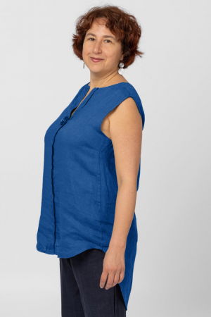 Bluza fara maneci din in cu nasture metalic decorativ, albastra [1]