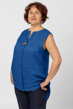 Bluze & Cămăși & Tricouri - Bluza fara maneci din in cu nasture metalic decorativ, albastra