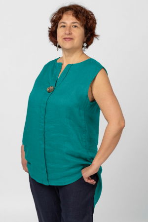 Bluze din In - Bluza fara maneci din in cu nasture metalic decorativ, turcoaz