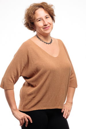 ÎMBRĂCĂMINTE - Bluza fin tricotata bob de orez, cu maneca fluture 3/4, camel