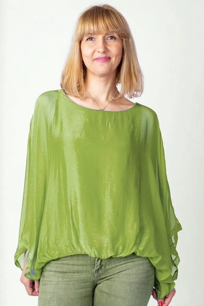 Bluze din Mătase si Vâscoză - Bluza verde olive din matase si vascoza cu maneca fluture