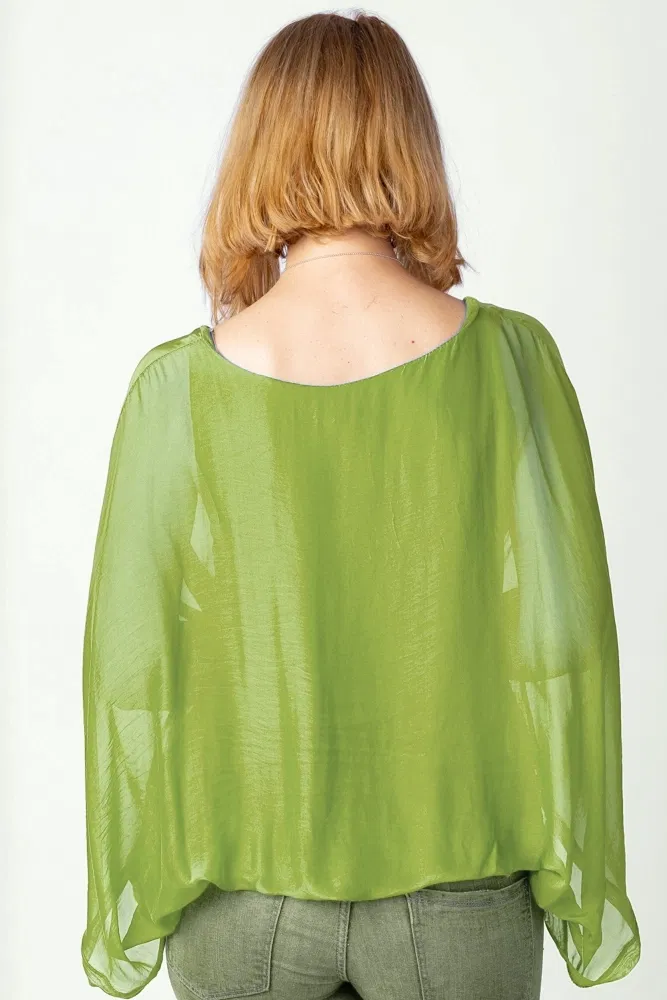 Bluza verde olive din matase si vascoza cu maneca fluture [2]