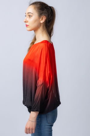 Bluza in degrade din matase si vascoza cu maneca lunga fluture si elastic la poale rosu & negru [1]