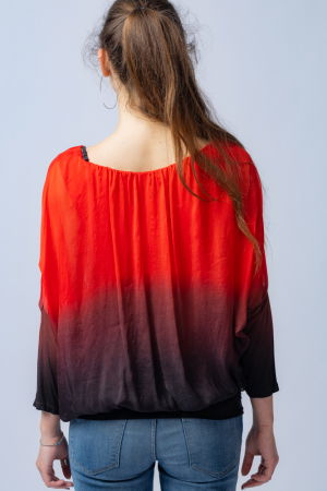 Bluza in degrade din matase si vascoza cu maneca lunga fluture si elastic la poale rosu & negru [2]