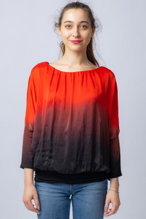 Bluza in degrade din matase si vascoza cu maneca lunga fluture si elastic la poale rosu & negru