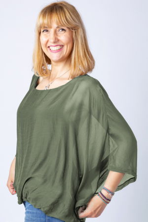 Bluze din Mătase si Vâscoză - Bluza kaki militar din matase si vascoza cu maneca fluture