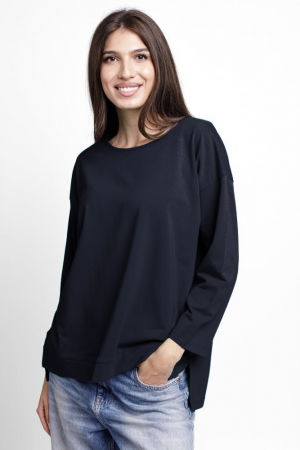 Tricouri din Bumbac - Bluza larga, dreapta, cu despicaturi laterale, din tricot de bumbac, belumarin inchis