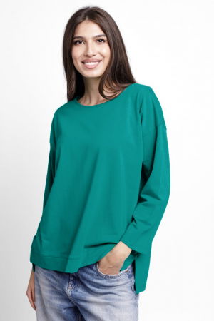 Tricouri Mânecă Lungă - Bluza larga, dreapta, cu despicaturi laterale, din tricot de bumbac, turcoaz