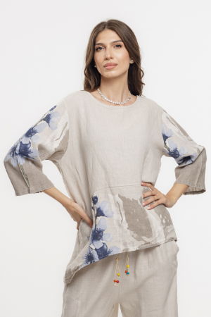 Bluze din In - Bluza lejera din in bej cu imprimeu floral pictural