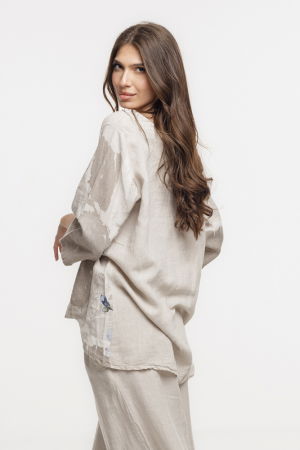 Bluza lejera din in bej cu imprimeu floral pictural [2]